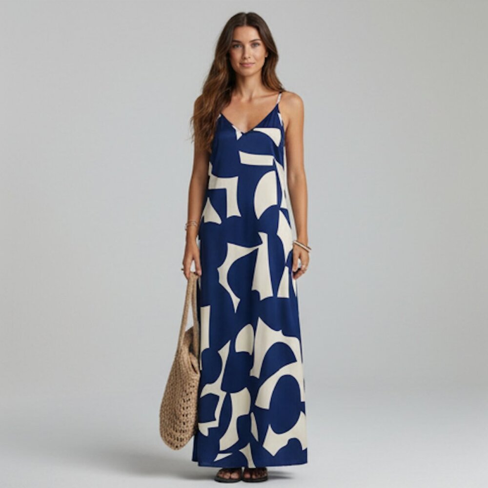 Navy Blue & White Abstract Geometric Maxi Dress | Open Back Beaded Strap - Picture 2 of 12